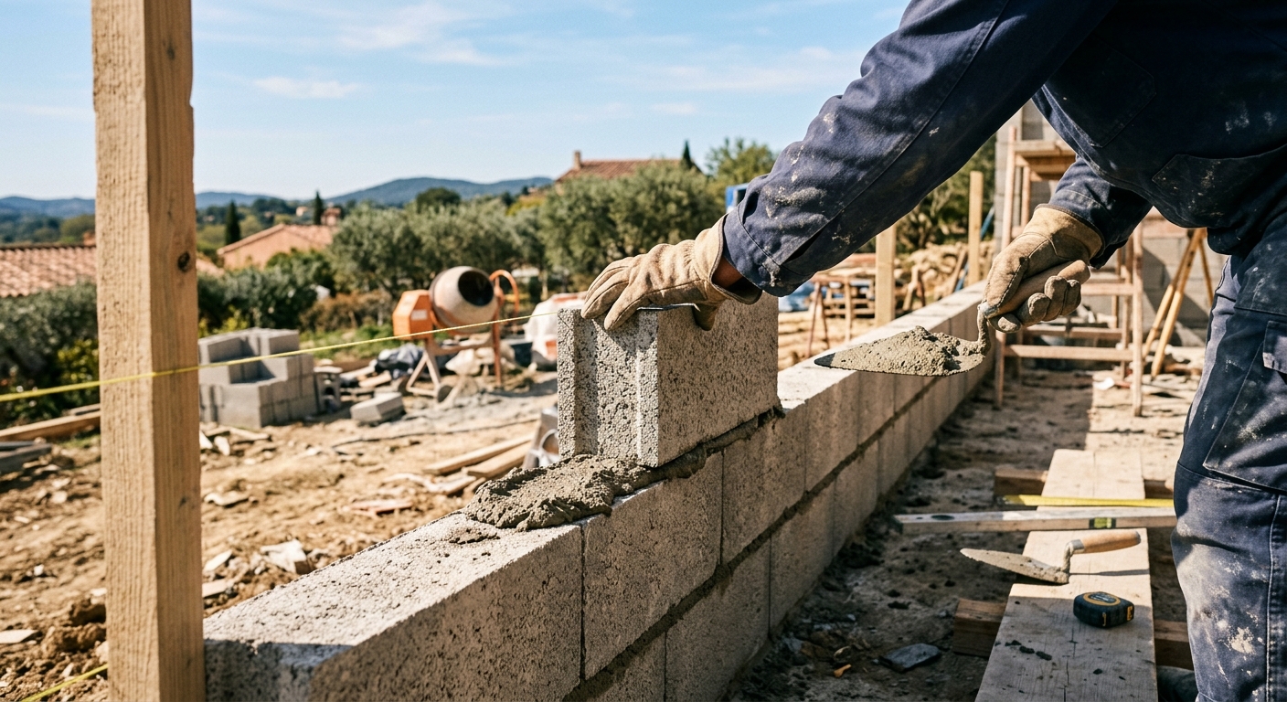 Artisan maçon réalisant la construction d'un mur porteur à Manosque