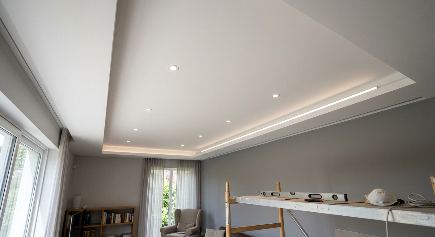 Pose de faux plafond en placo avec spots LED