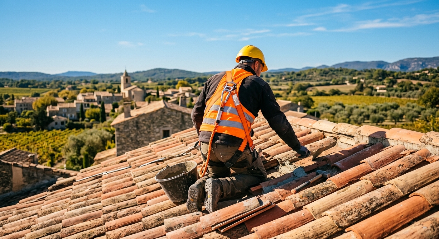 Artisan couvreur inspectant une toiture en tuiles canal à Manosque