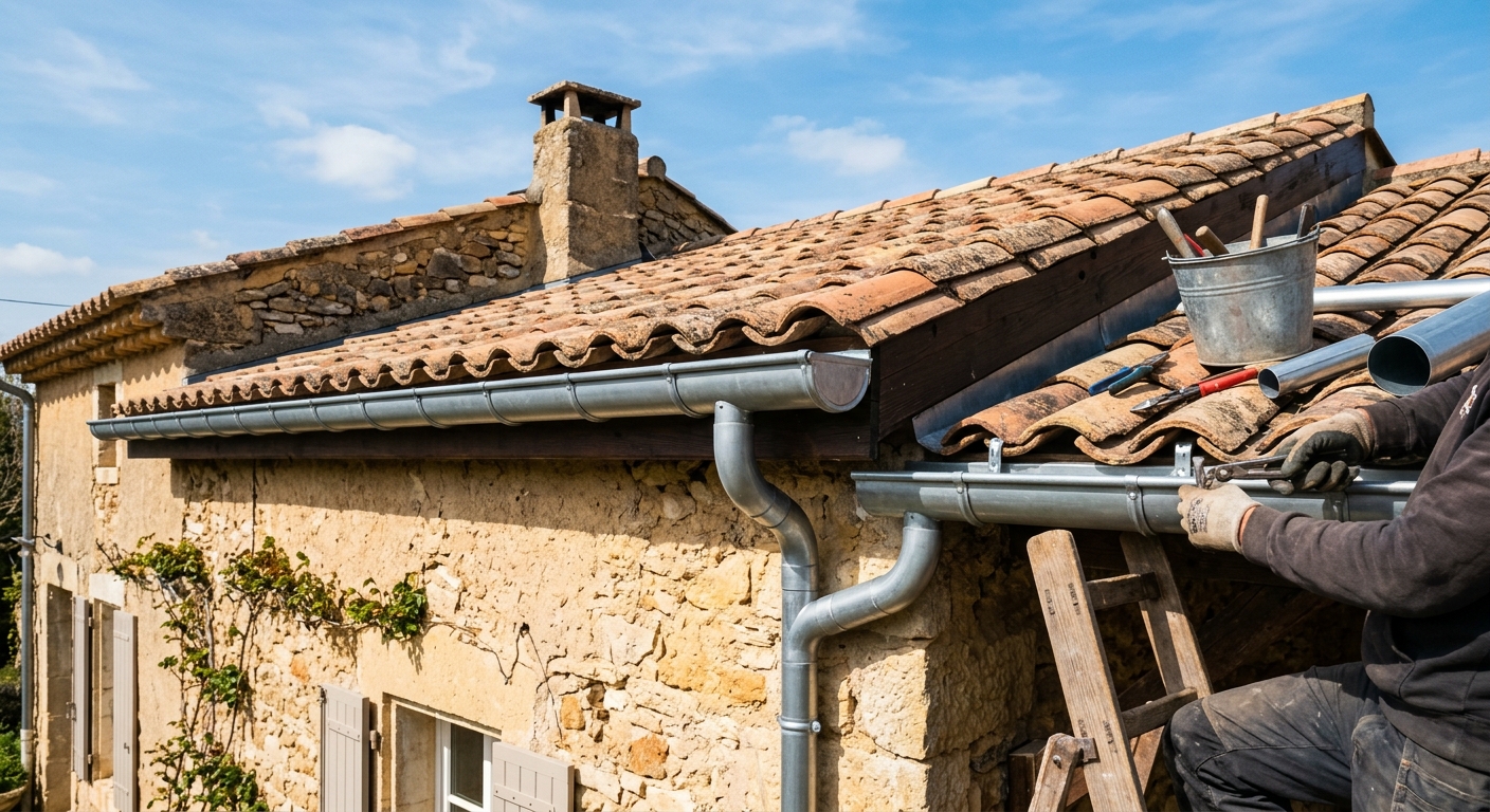 Artisan zingueur professionnel installant une gouttière en zinc à Manosque